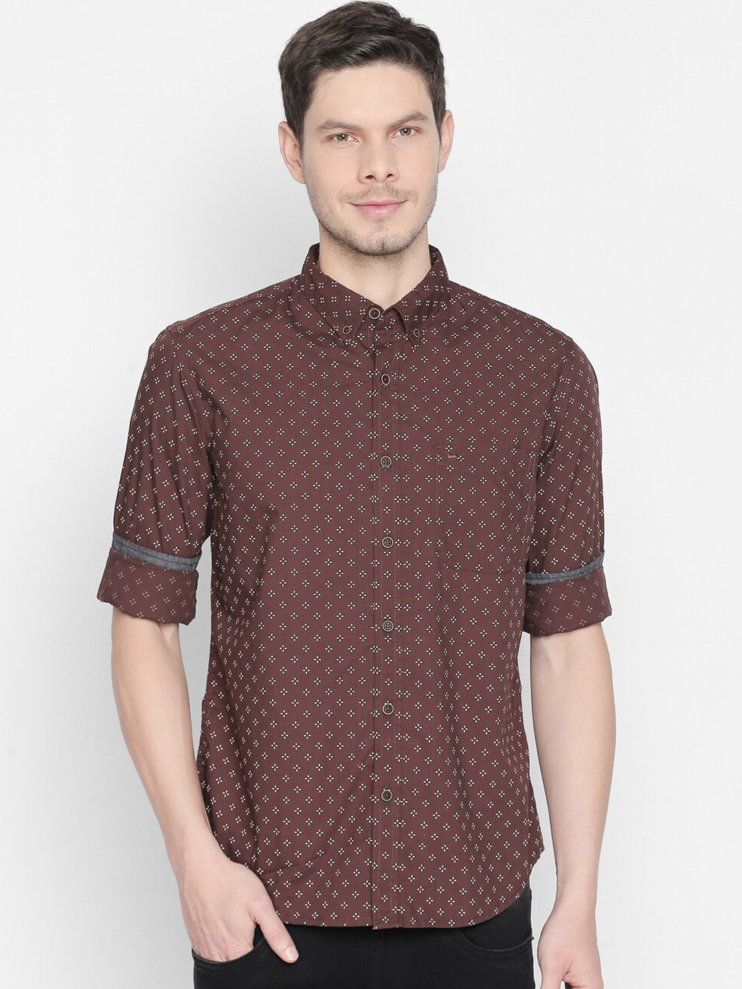 

Basics Men Brown & White Slim Fit Floral Print Casual Shirt