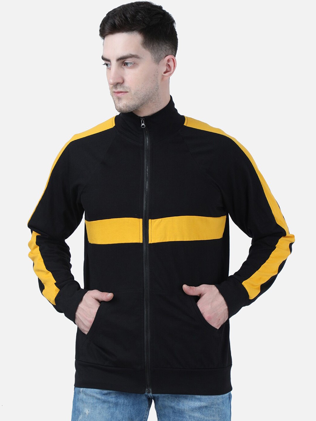 

CHROME & CORAL Men Black & Mustard Yellow Colourblocked Bomber