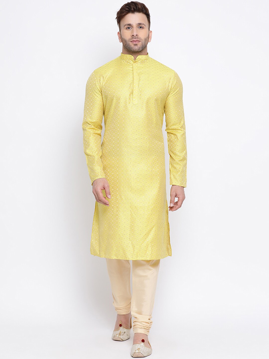 

NAMASKAR Men Yellow & Gold-Toned Woven Design Kurta with Churidar