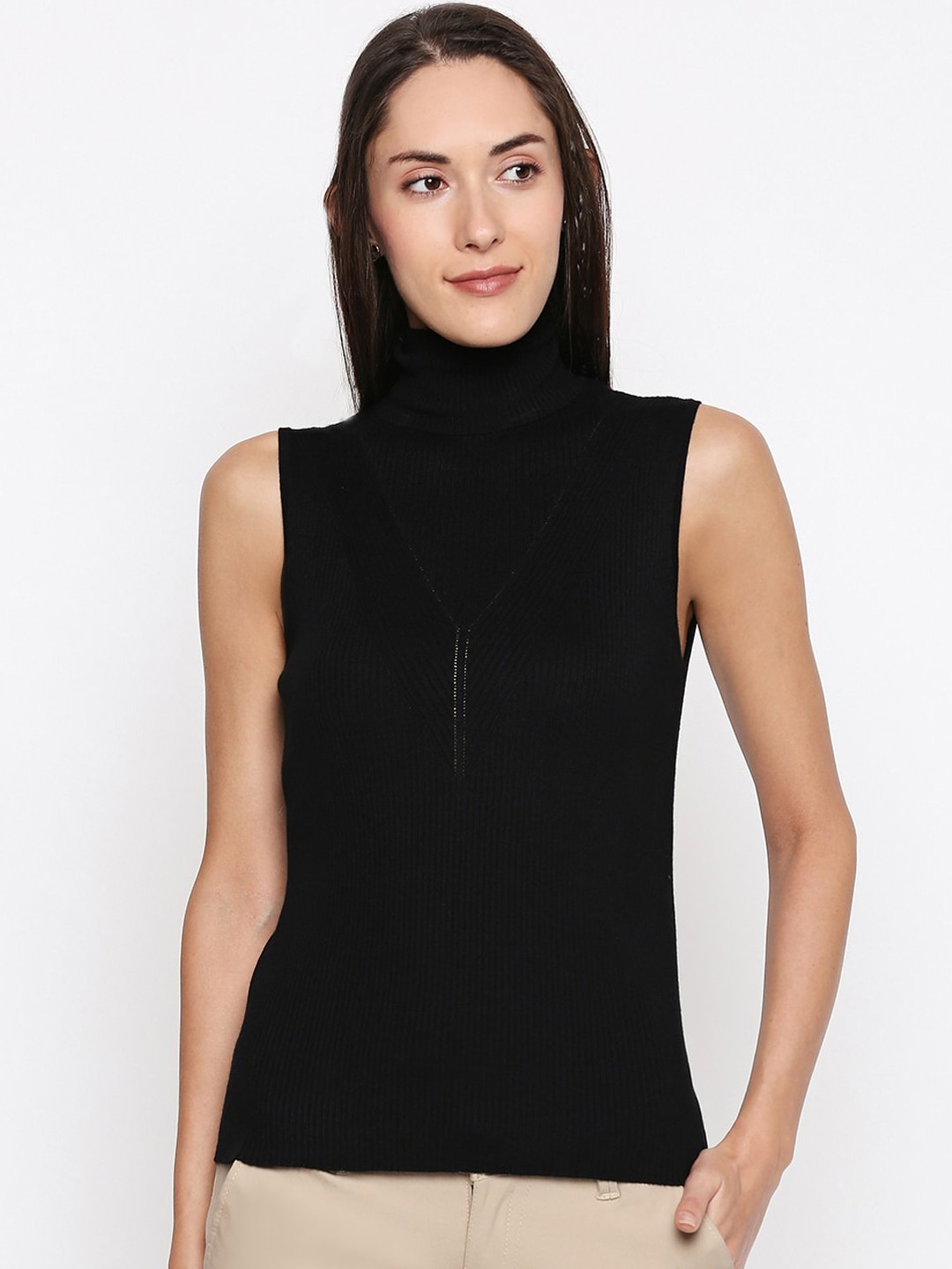 

Annabelle by Pantaloons Women Black Ribbed Pullover Sweater