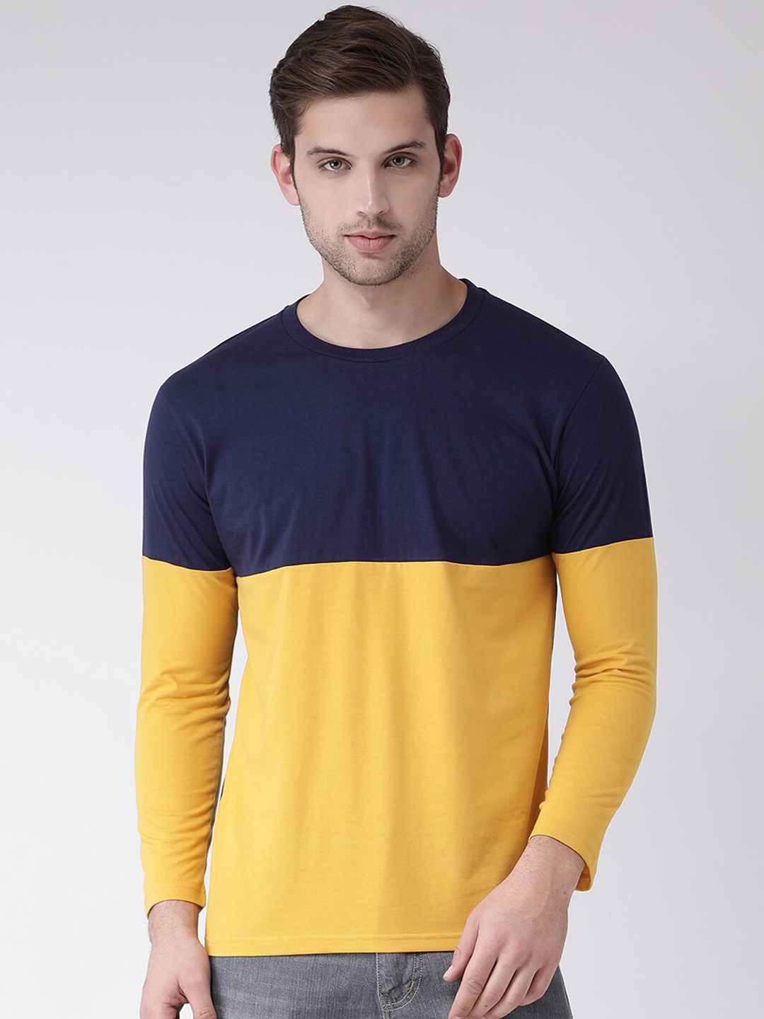 

GRIFFEL Men Navy Blue & Yellow Colourblocked Round Neck T-shirt