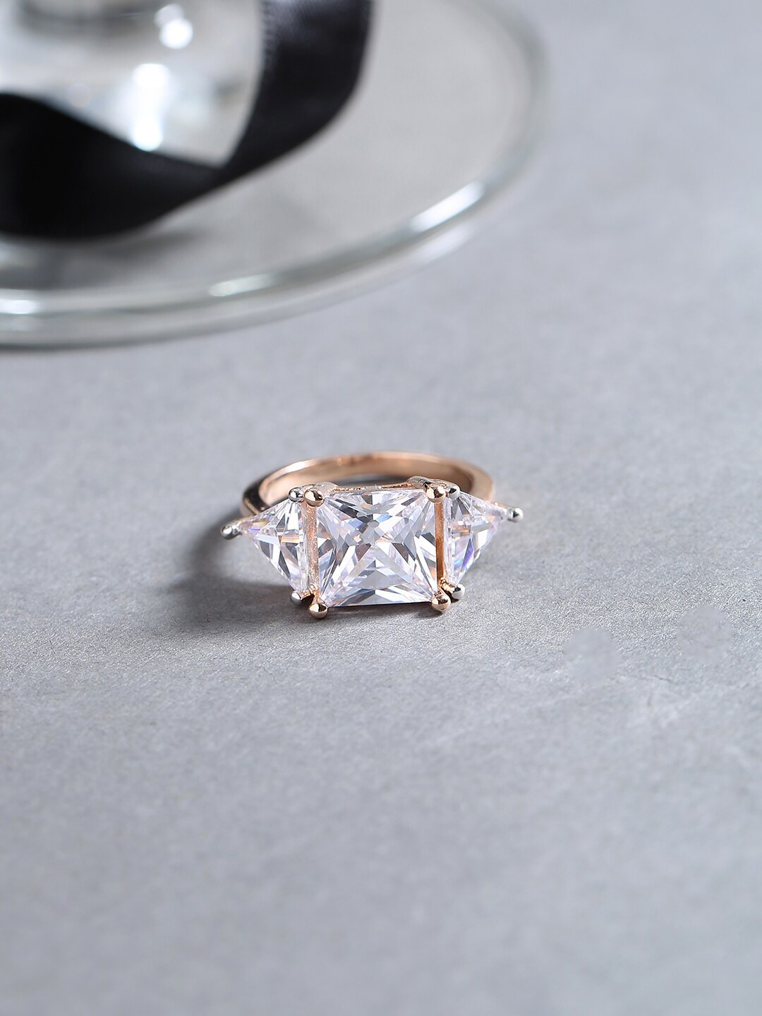 

Voylla Rose Gold-Plated & Pink Handcrafted Cubic Zirconia Studded Finger Ring