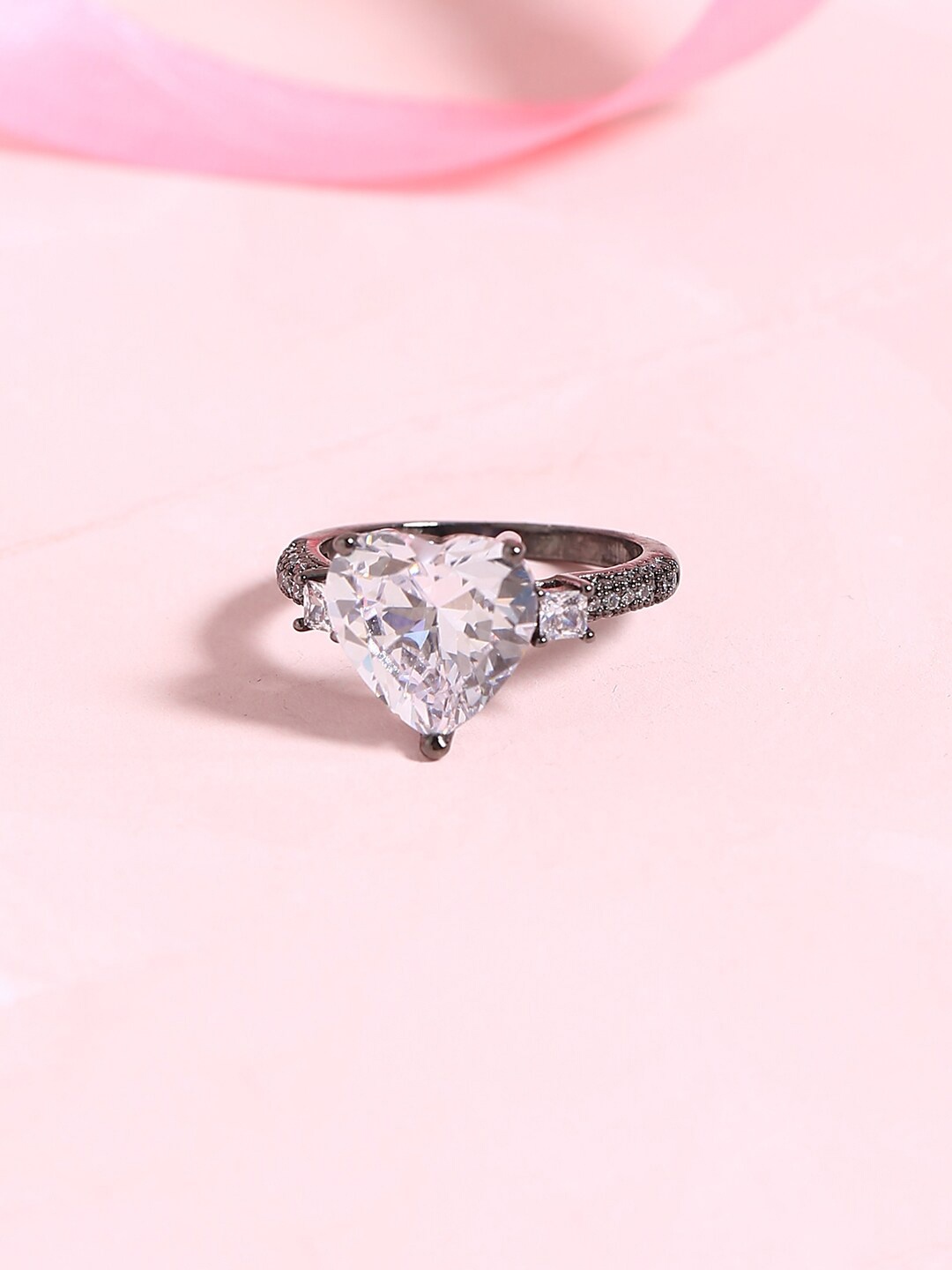 

Voylla Rhodium-Plated Charcoal Grey & White Handcrafted Stone Studded Finger Ring