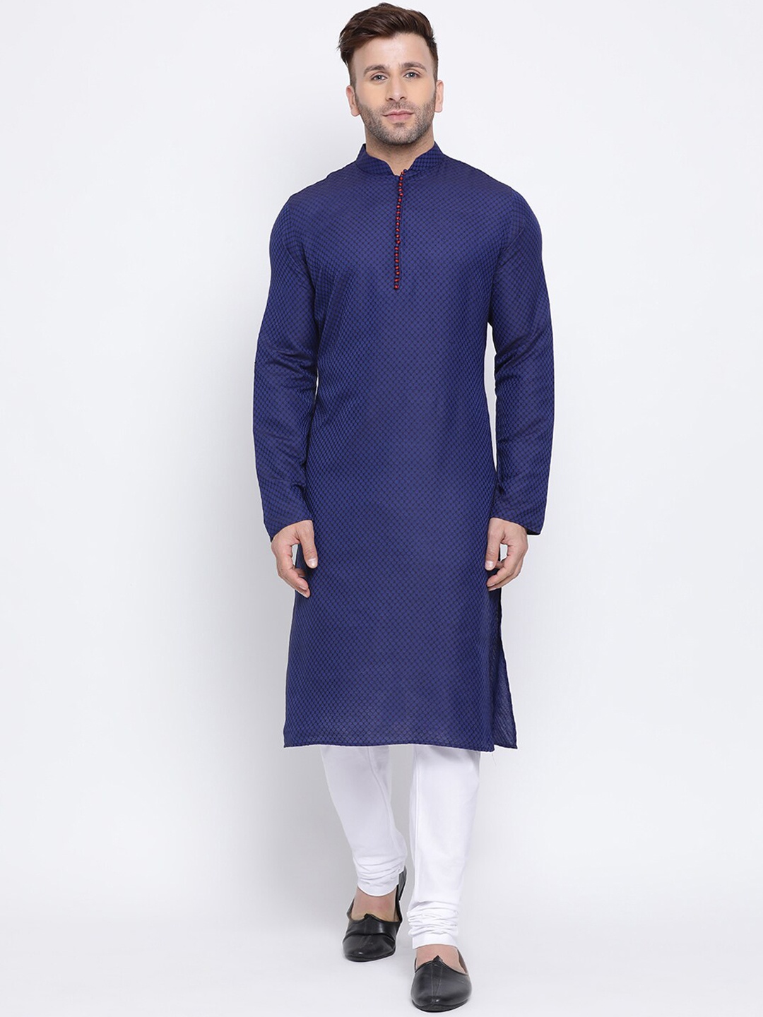 

NAMASKAR Men Blue & White Self Design Cotton Kurta with Churidar