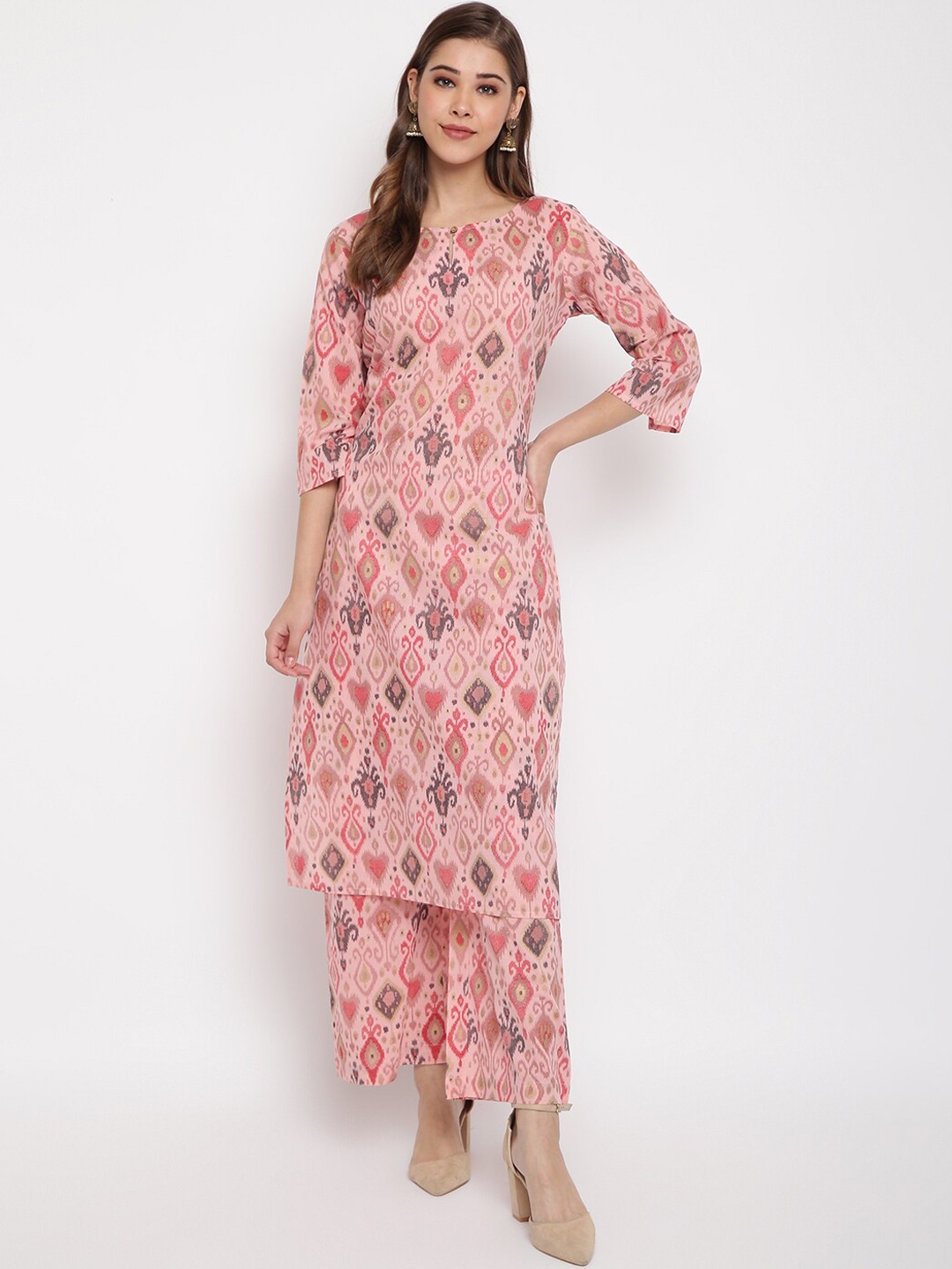 

Janasya Women Pink Printed Kurta with Palazzos