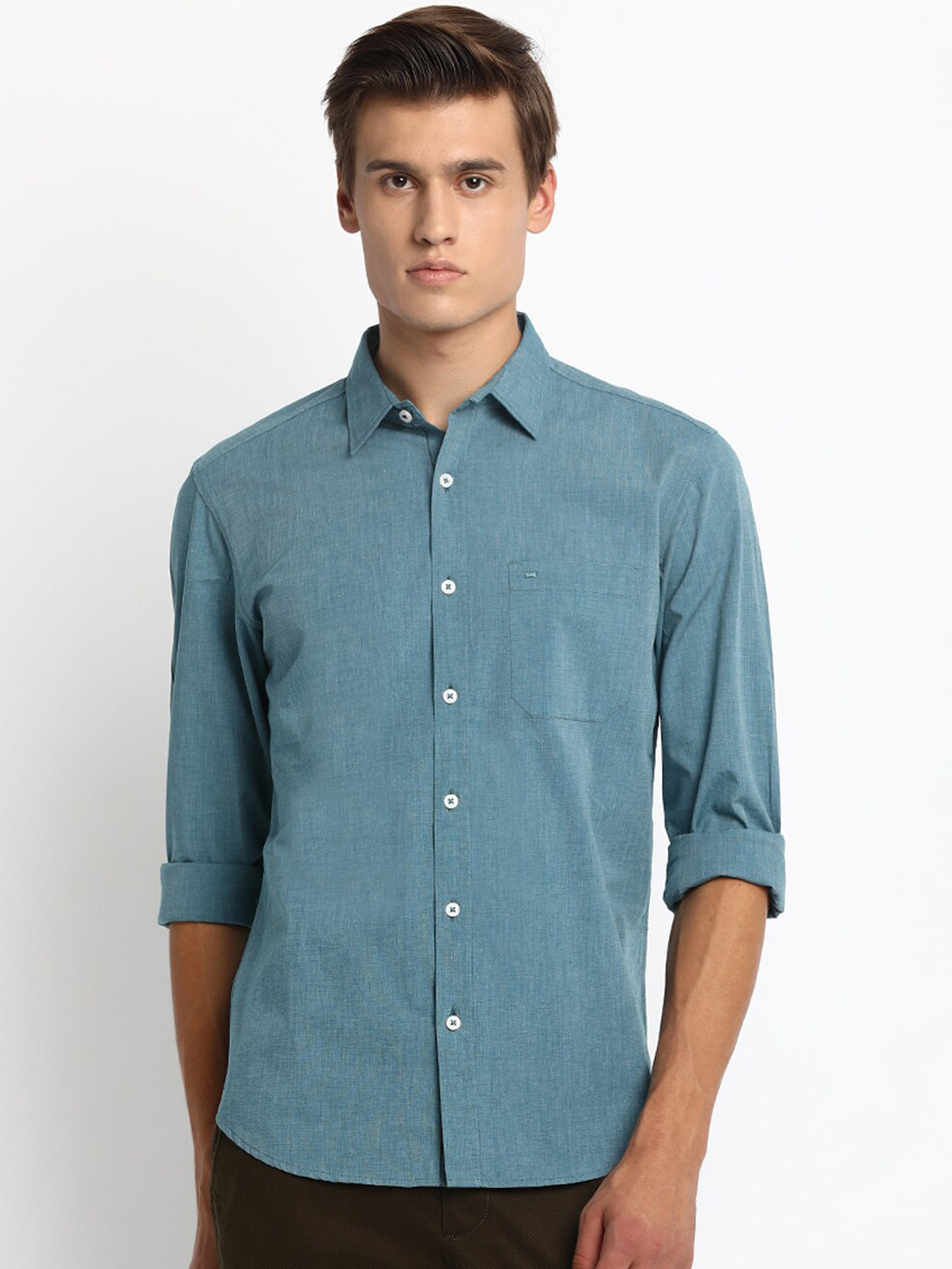 

Basics Men Teal Blue Slim Fit Solid Casual Shirt