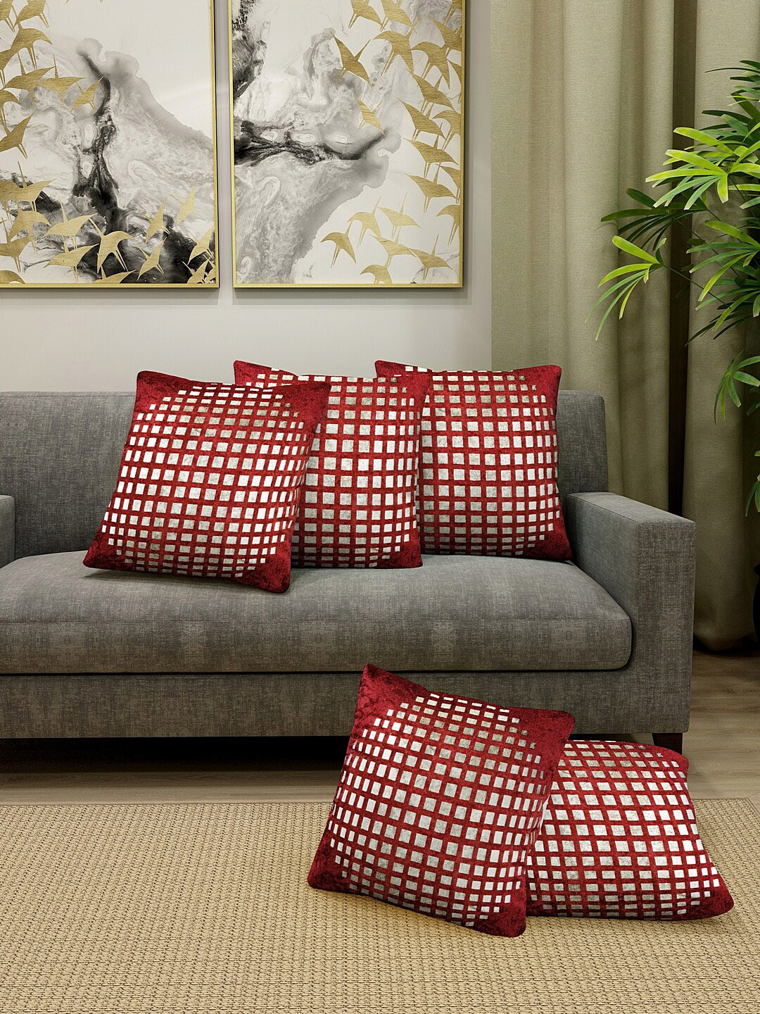 

KLOTTHE Set of 5 Maroon & Gold-Colored Printed Square Cushion Covers with Fillers