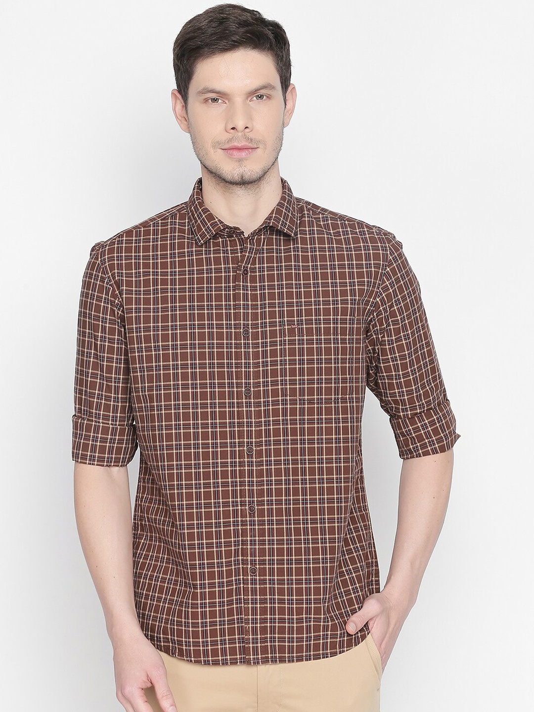 

Basics Men Brown Slim Fit Checked Casual Shirt