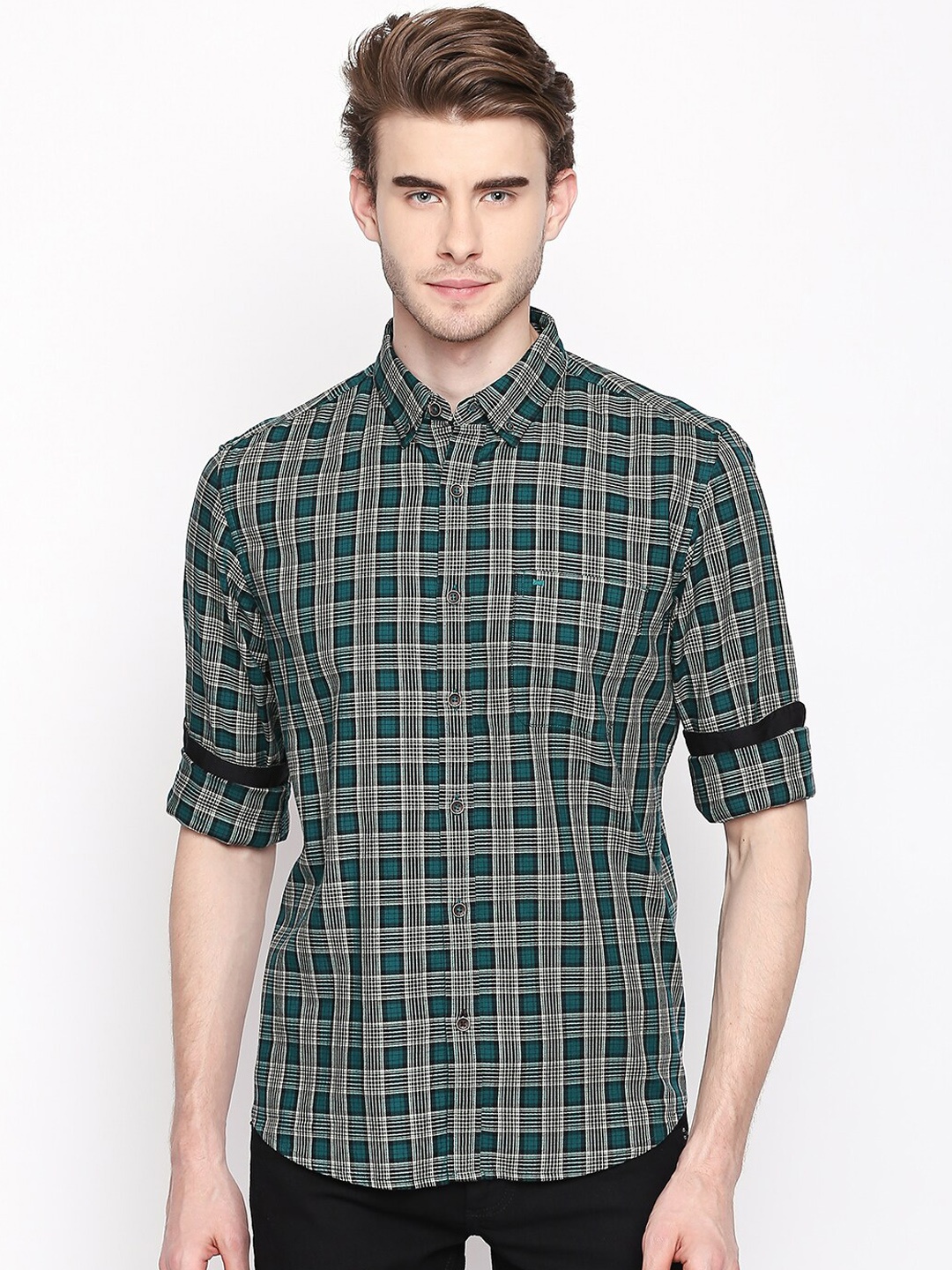 

Basics Men Green & White Slim Fit Checked Casual Shirt