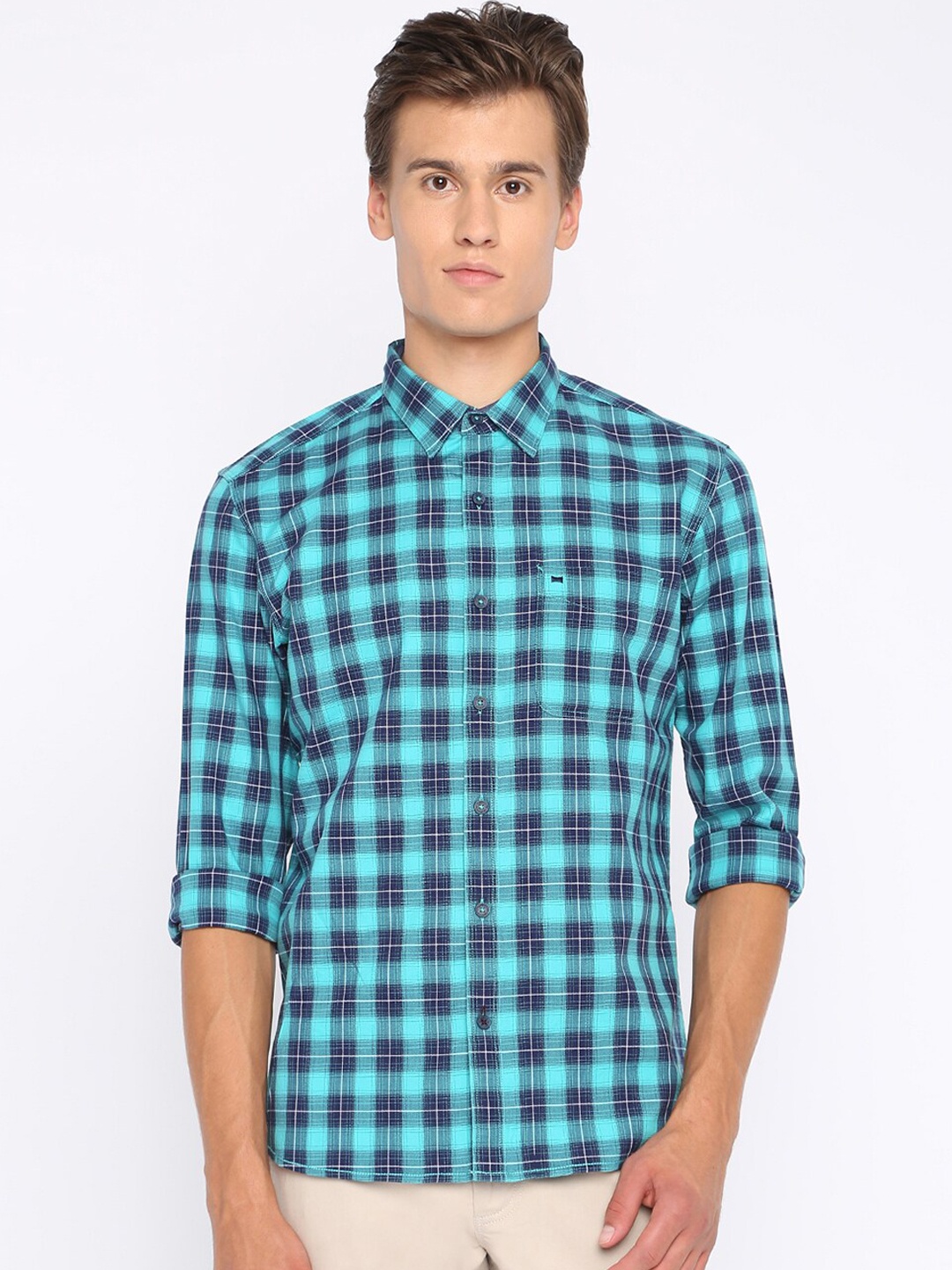 Basics Men Blue Slim Fit Checked Casual Shirt