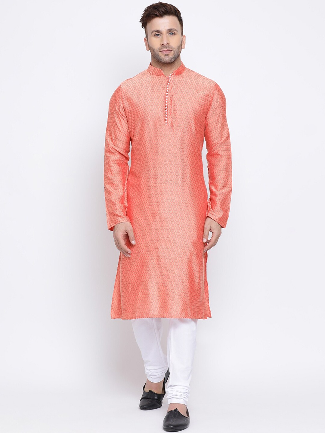 

NAMASKAR Men Orange & White Self Design Jacquard Kurta with Churidar