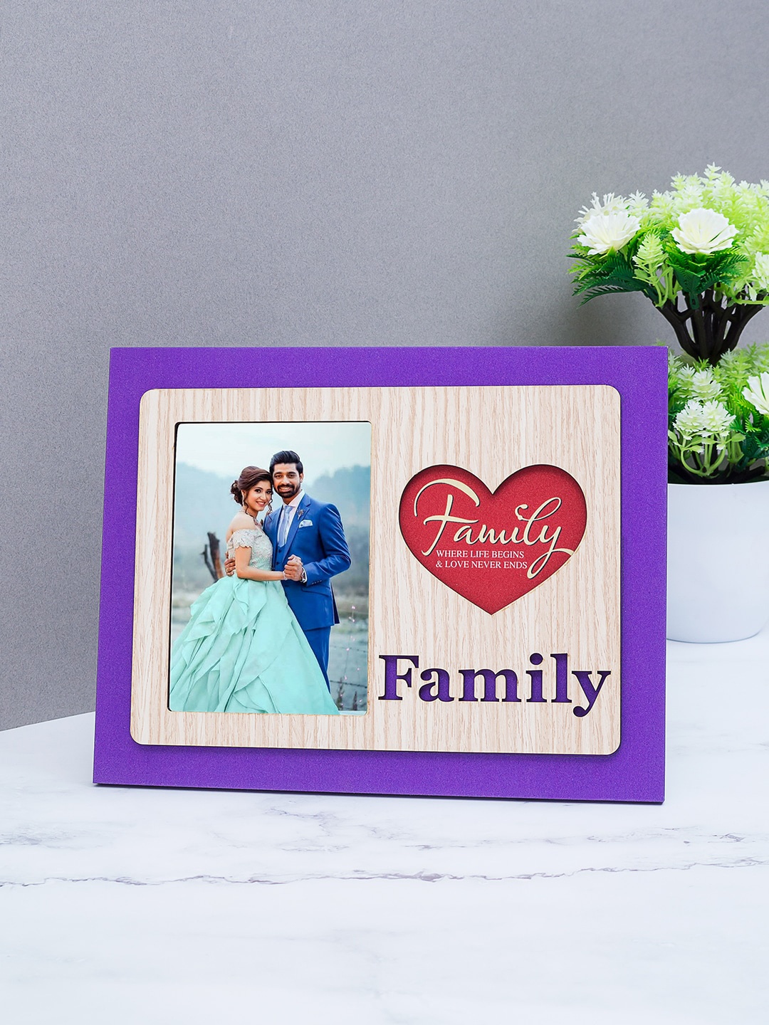 

Golden Peacock Purple & Red Wooden Family Table-Top Photo Frame