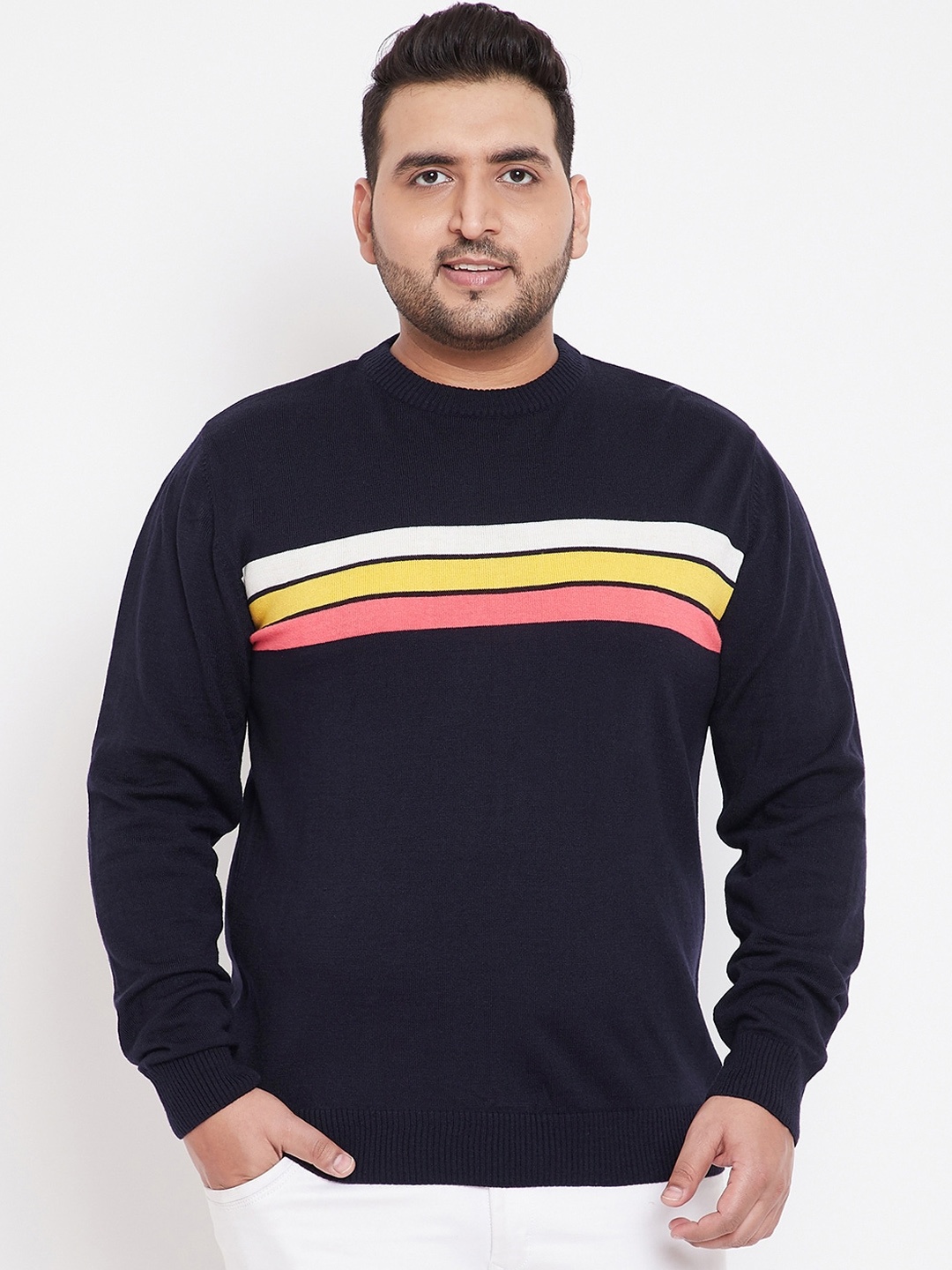

bigbanana Men Navy Blue & Yellow Striped Pullover Sweater