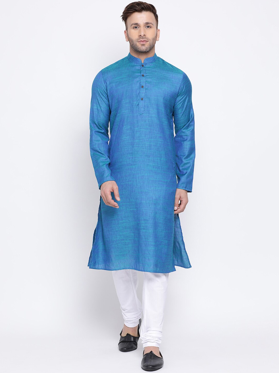 NAMASKAR Men Blue & White Solid Kurta with Churidar