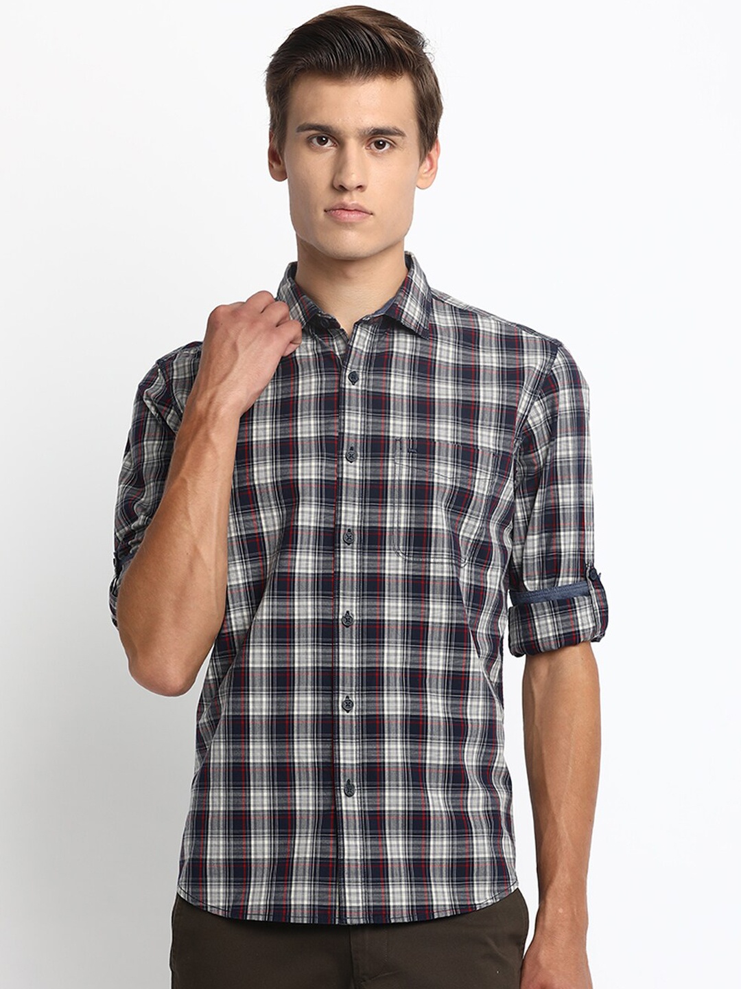 

Basics Men Navy Blue & White Slim Fit Checked Casual Shirt