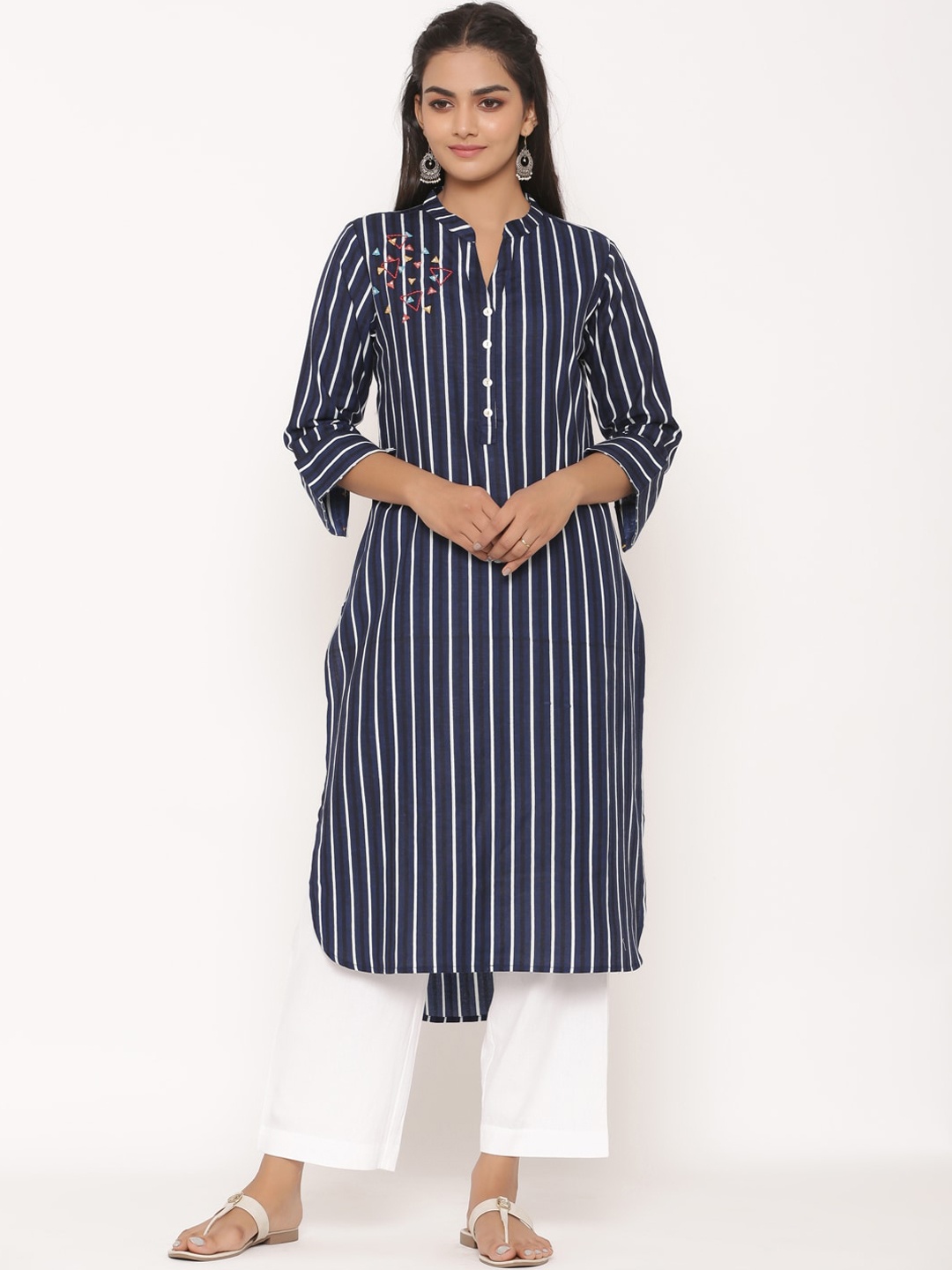 

fabGLOBAL Women Blue Striped Straight Kurta