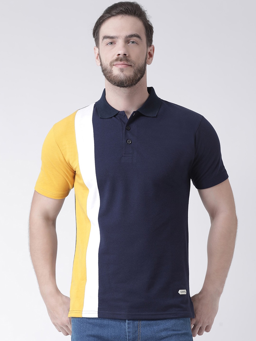 GRIFFEL Men Navy Blue & Yellow Colourblocked Polo Collar T-shirt