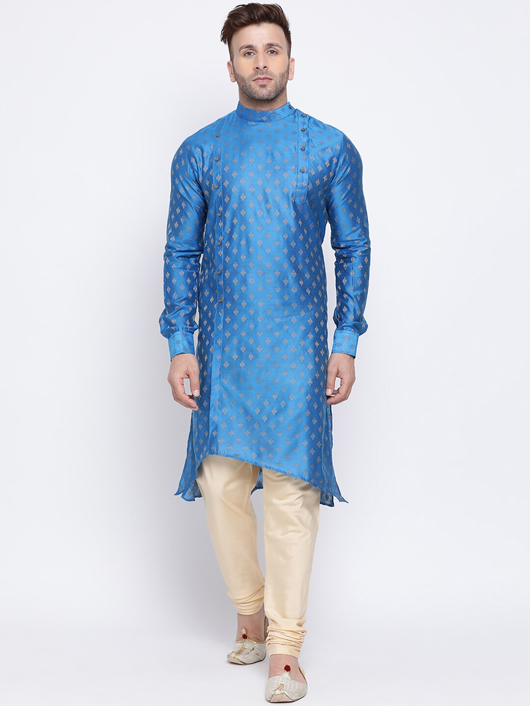 

NAMASKAR Men Blue & Gold-Coloured Silk Self Design Kurta with Churidar