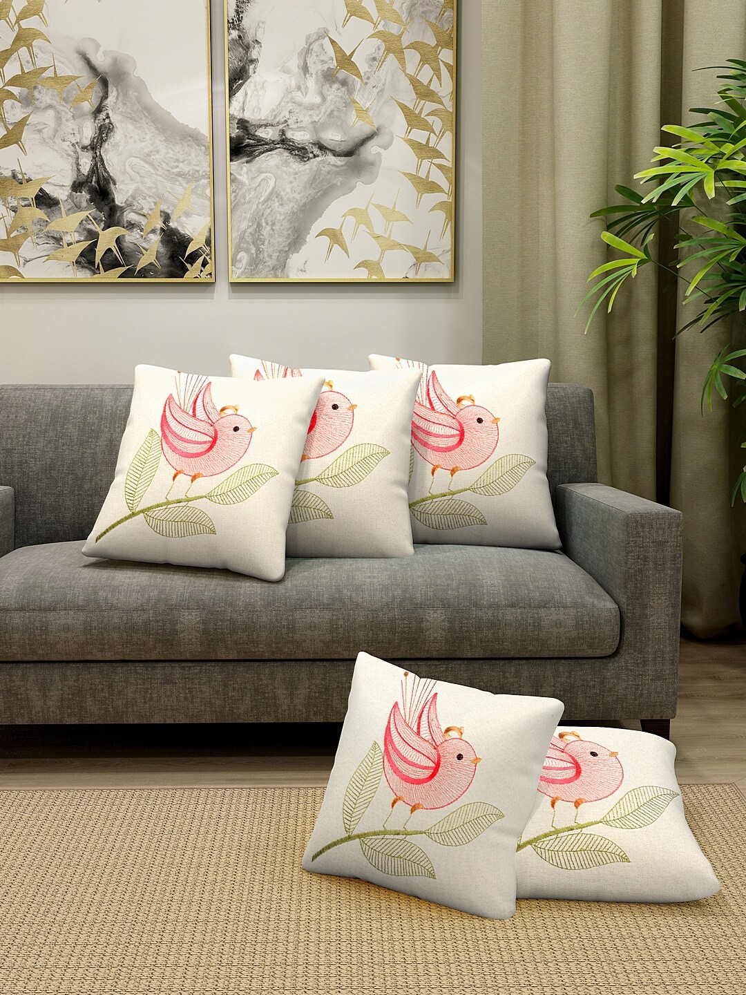 

KLOTTHE Set Of 5 Off-White & Pink Embroidered Cushions