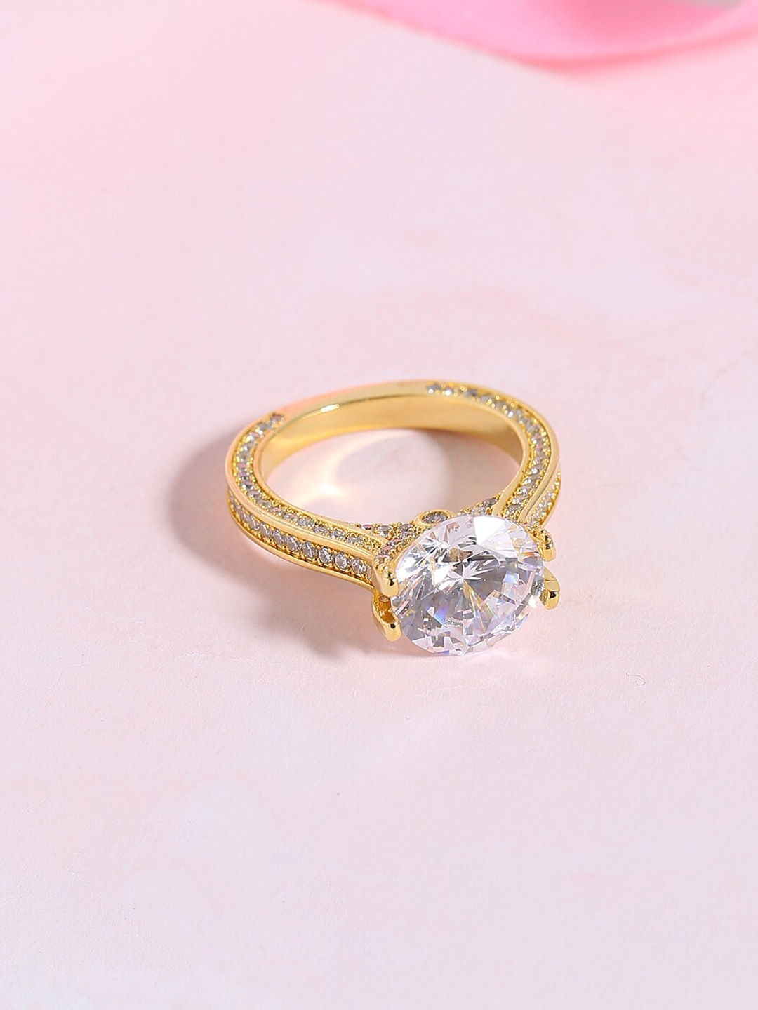 

Voylla Gold-Plated Pink & White CZ Studded Handcrafted Finger Ring