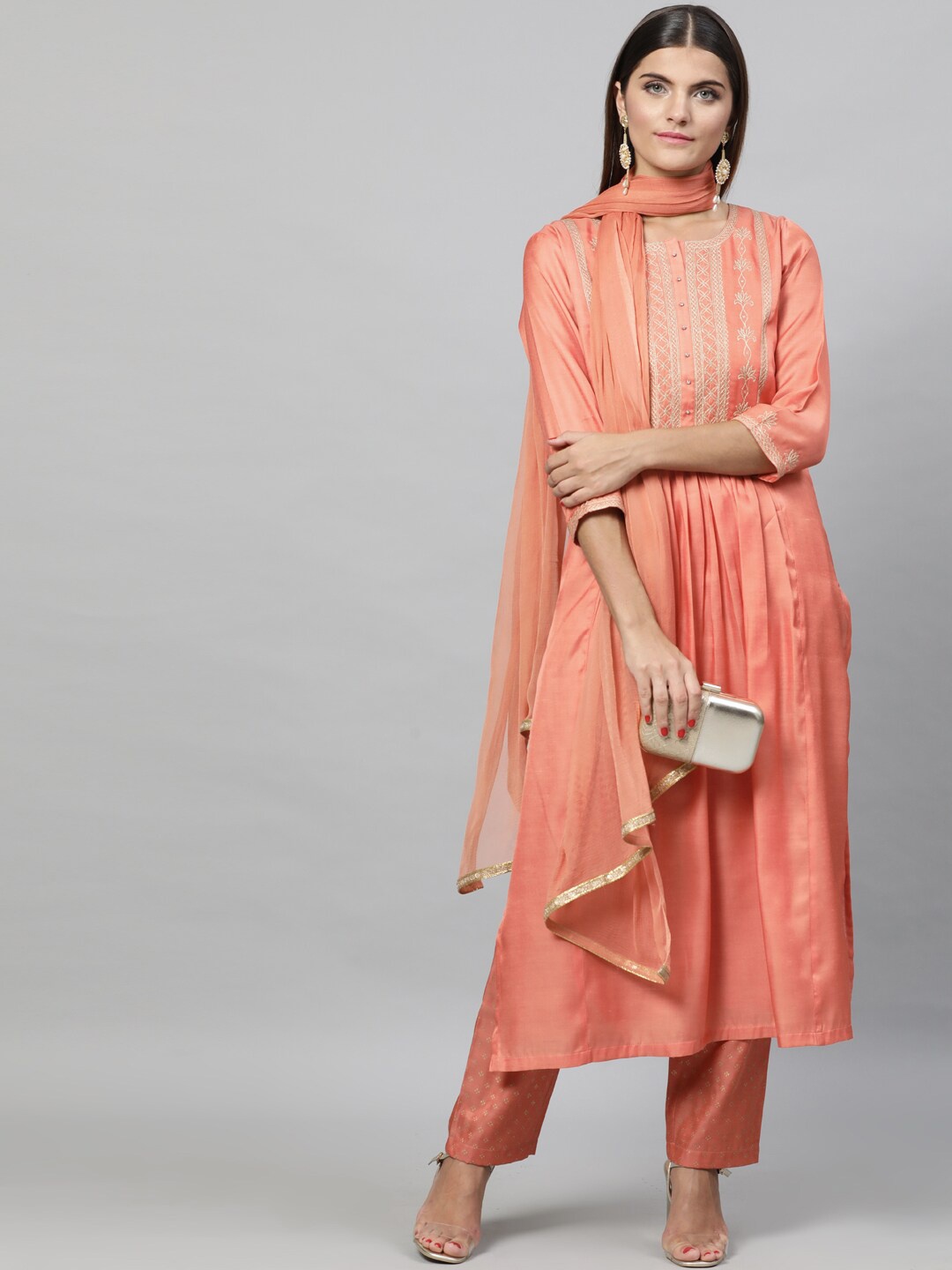 STREET 9 Women Orange & Gold-Toned Yoke Design Kurta with Trousers & Dupatta