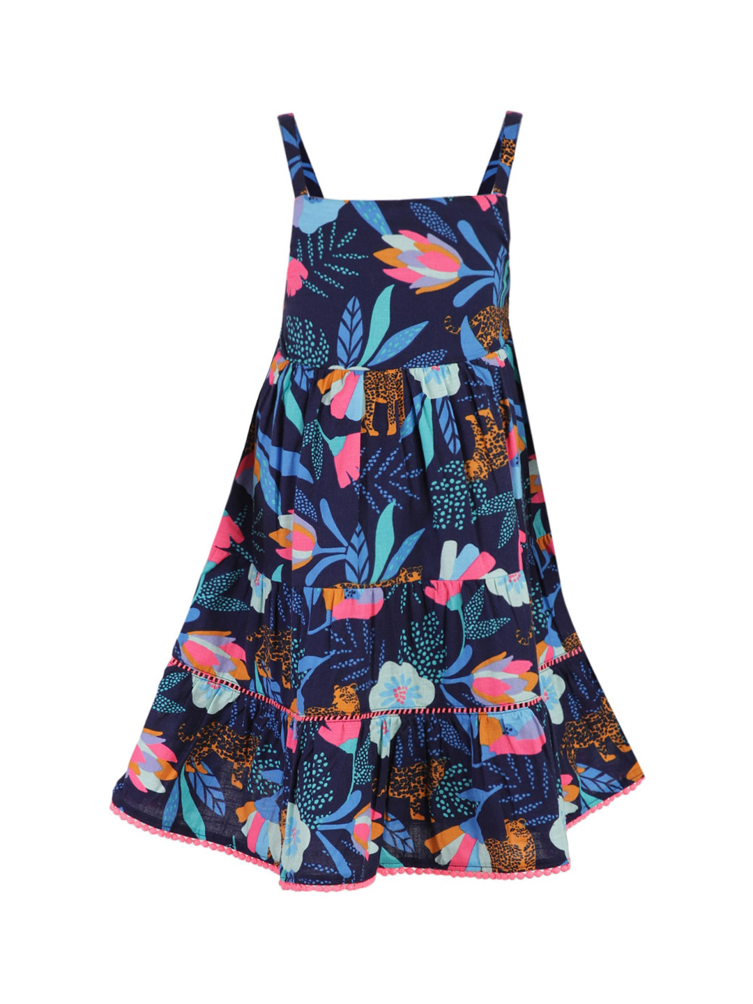 

A Little Fable Girls Navy Blue & Pink Tropical Printed Fit and Flare Dress