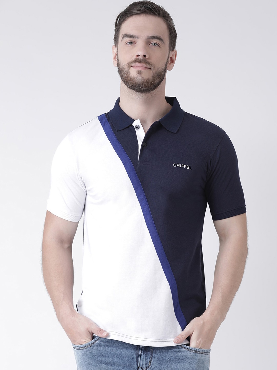 

GRIFFEL Men Navy Blue Colourblocked Polo Collar T-shirt