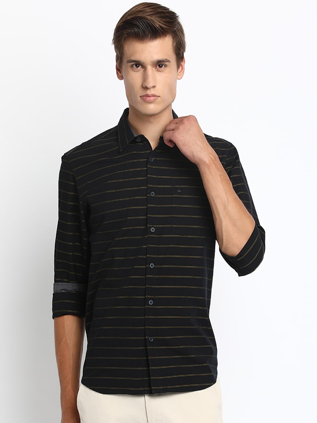

Basics Men Black & Yellow Slim Fit Striped Casual Shirt
