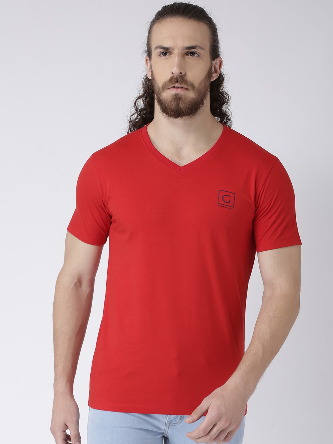 

GRIFFEL Men Red Solid V-Neck T-shirt