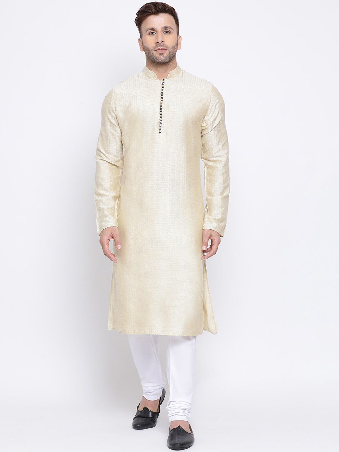 

NAMASKAR Men Beige & White Self Design Jacquard Kurta with Churidar