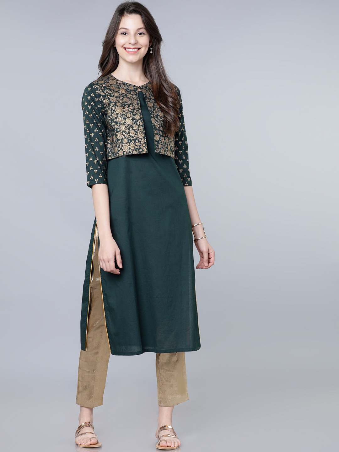 

Vishudh Women Green & Gold-Toned Solid A-Line Kurta With Jacket