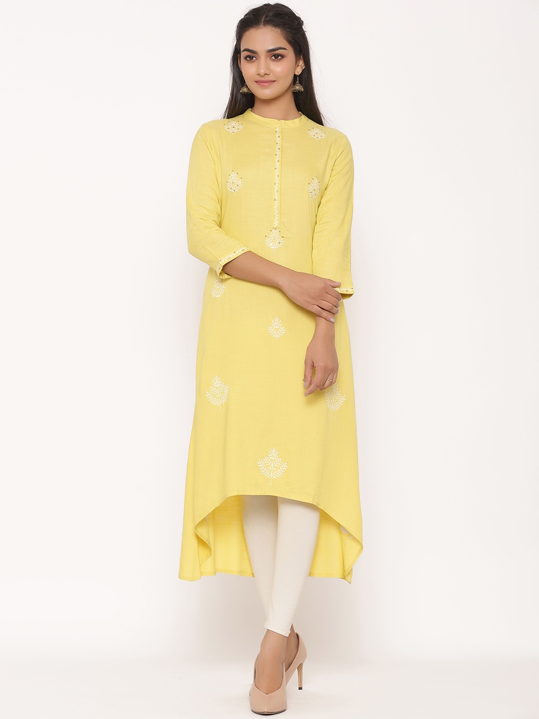 

fabGLOBAL Women Yellow Embroidered A-Line Kurta