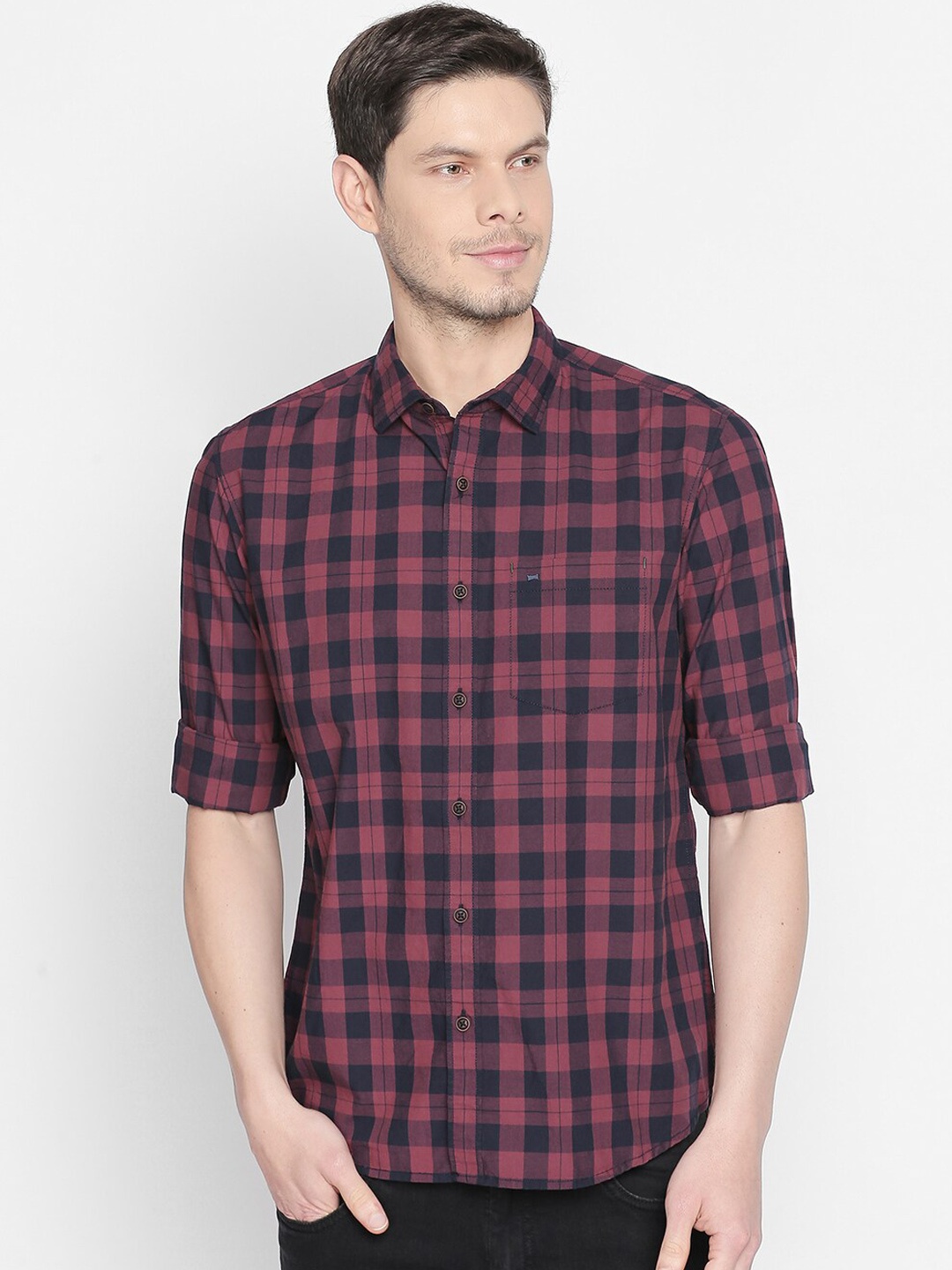 Basics Men Red & Blue Slim Fit Checked Casual Shirt