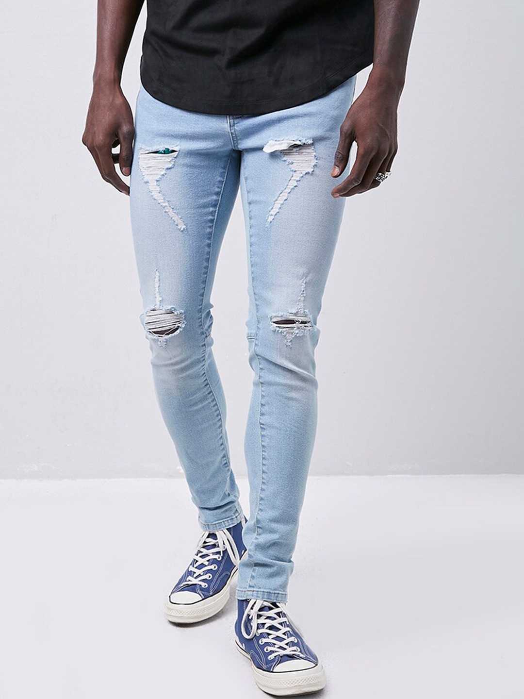 

FOREVER 21 Men Blue Skinny Fit Mid-Rise Slash Knee Stretchable Jeans