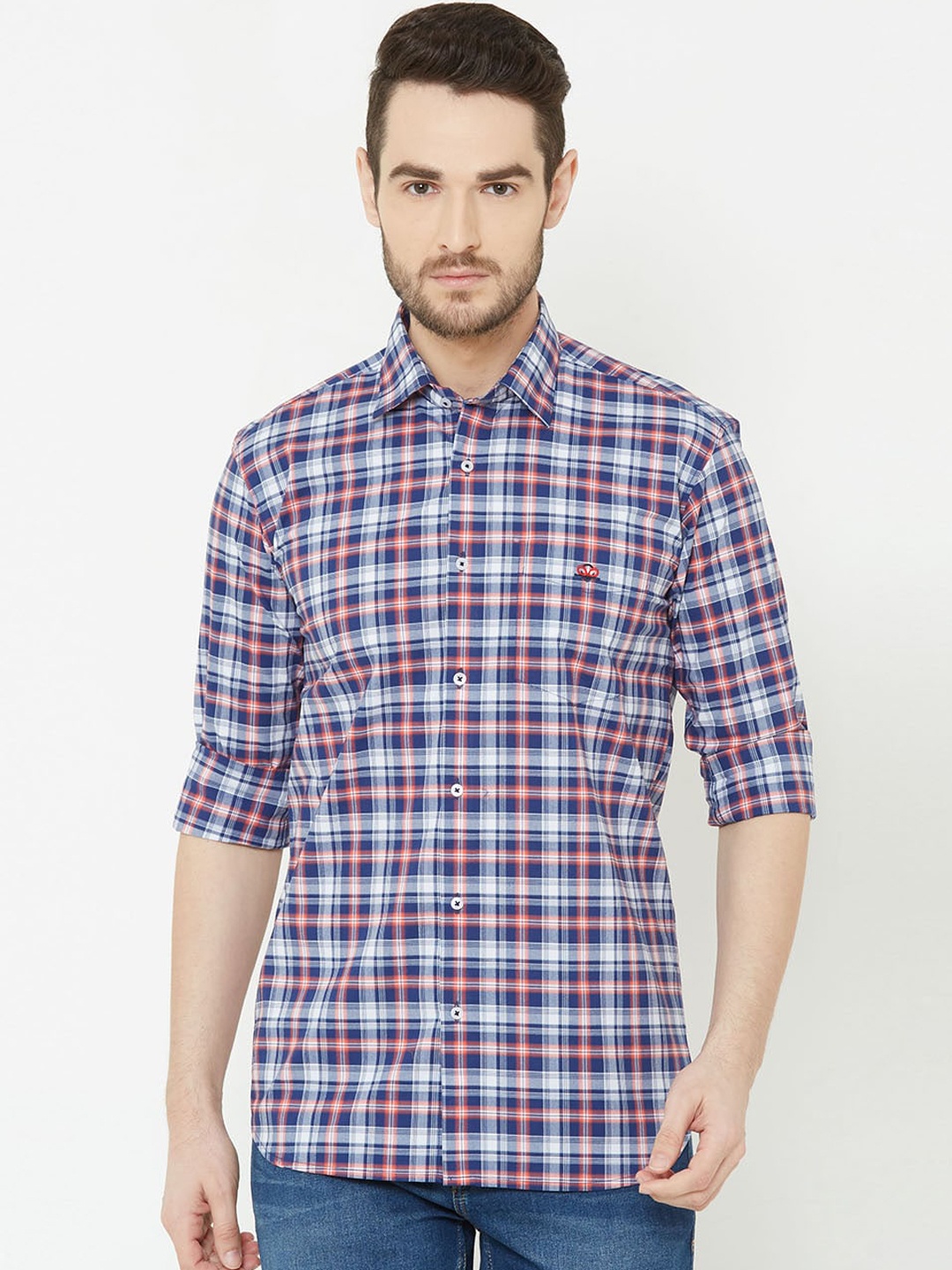 

Donzell Men Navy Blue & Red Regular Fit Checked Casual Shirt
