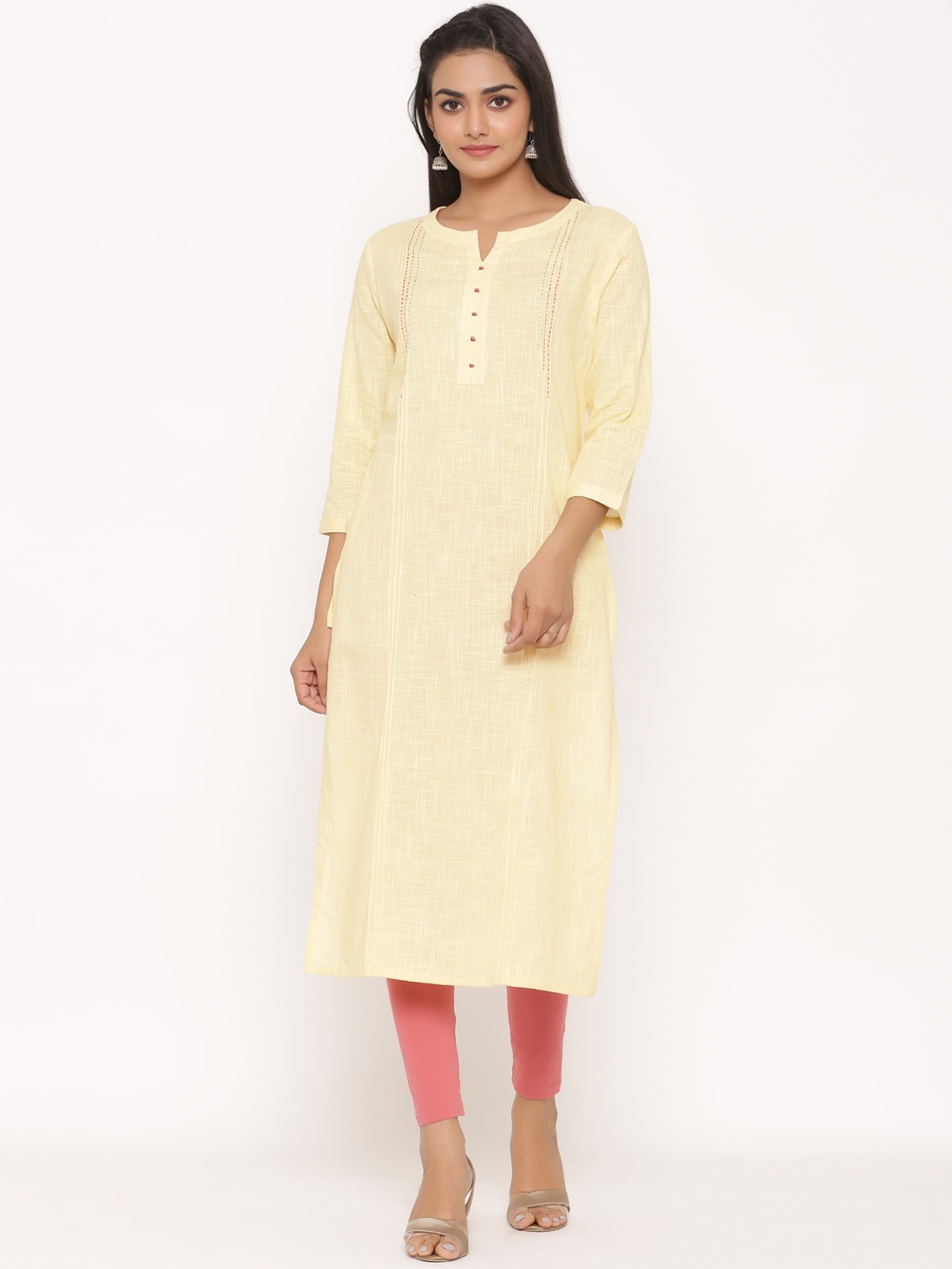 

fabGLOBAL Women Yellow Striped Straight Kurta