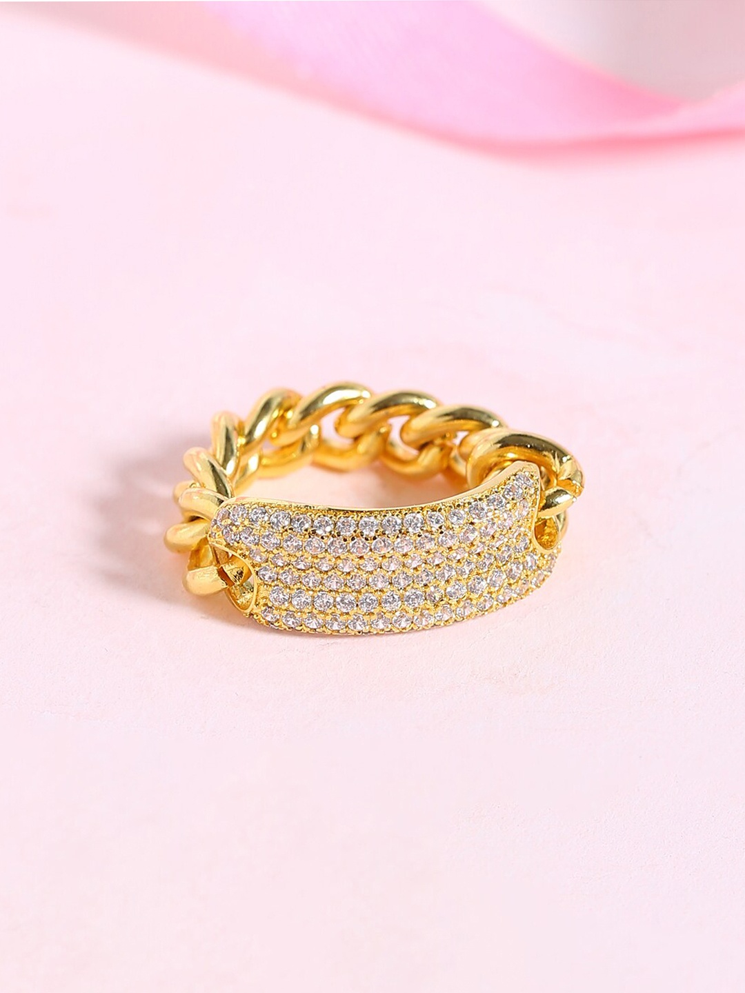 

Voylla Gold-Plated White CZ-Studded Chain Handcrafted Finger Ring