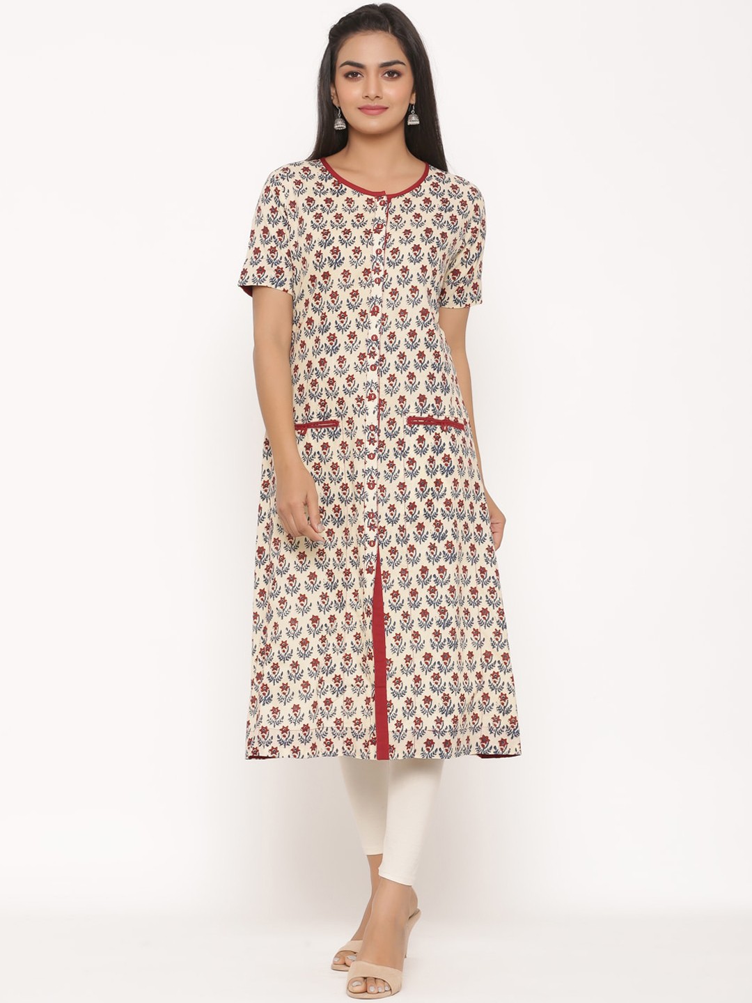 

fabGLOBAL Women Cream-Coloured & Maroon Floral Print A-Line Kurta