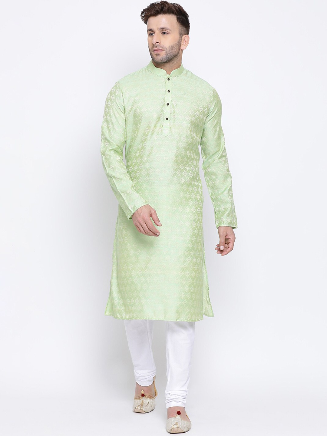 

NAMASKAR Men Green & White Jacquard Self Design Kurta with Churidar