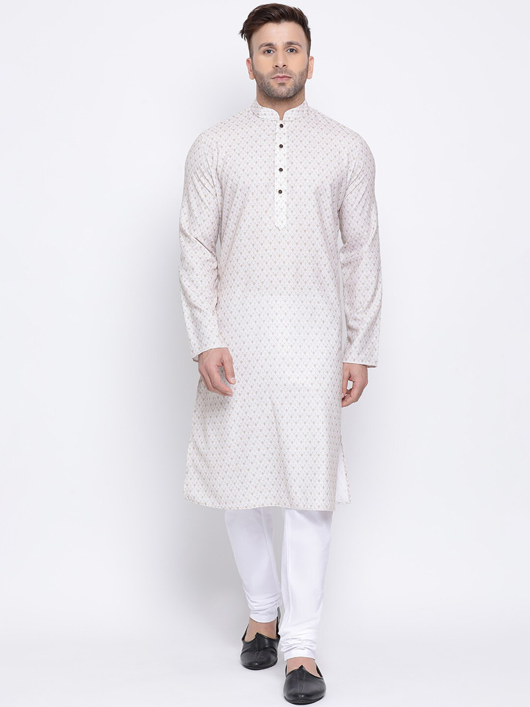 

NAMASKAR Men Beige & White Cotton Linen Printed Kurta with Churidar