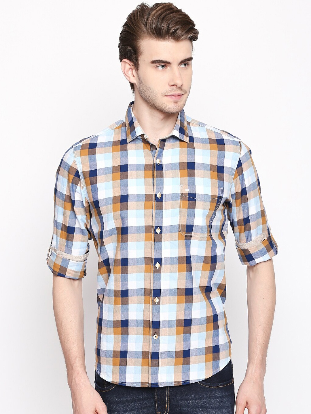

Basics Men Blue & Brown Slim Fit Checked Casual Shirt