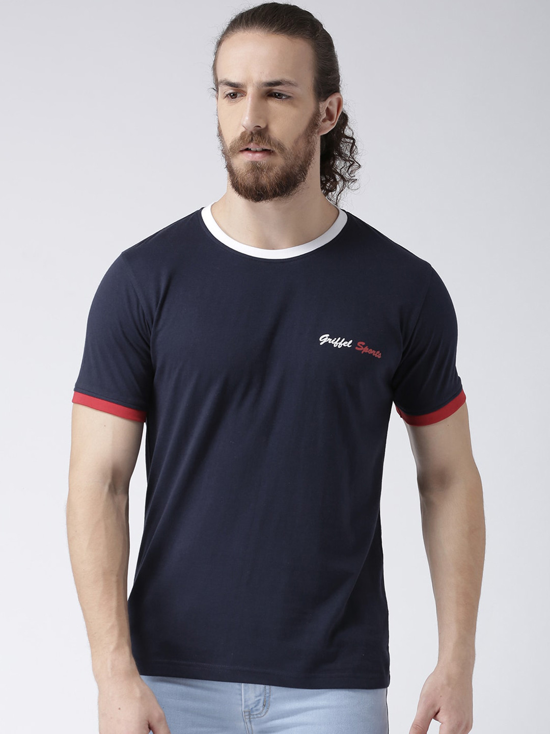 

GRIFFEL Men Navy Blue Solid Round Neck T-shirt