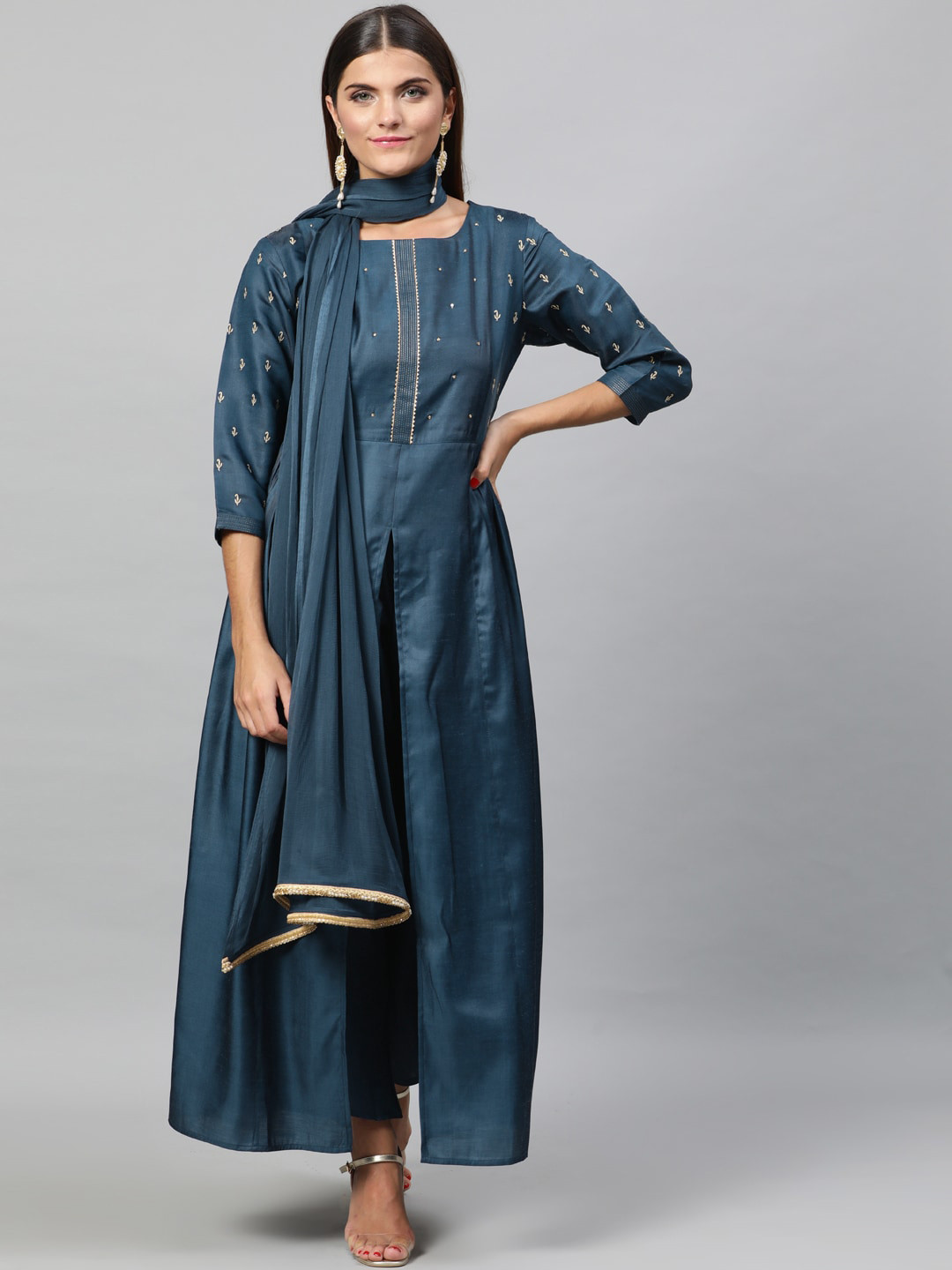 

STREET 9 Women Navy Blue Yoke Design Kurta with Trousers & Dupatta