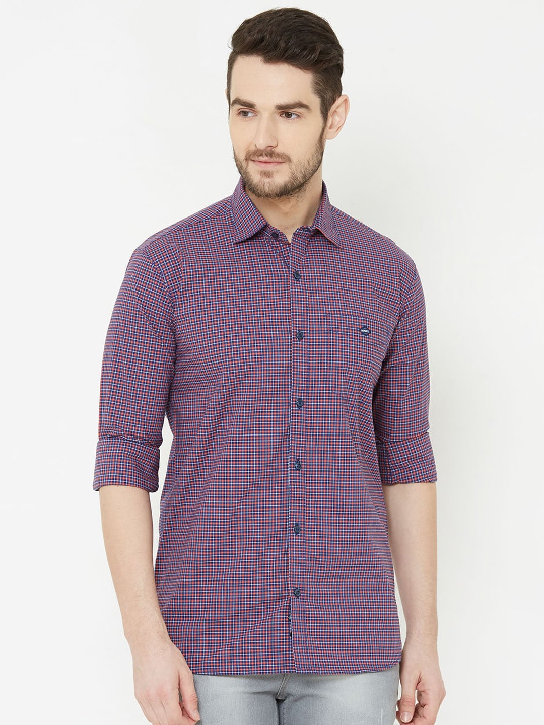 

Donzell Men Navy Blue & Orange Regular Fit Checked Casual Shirt