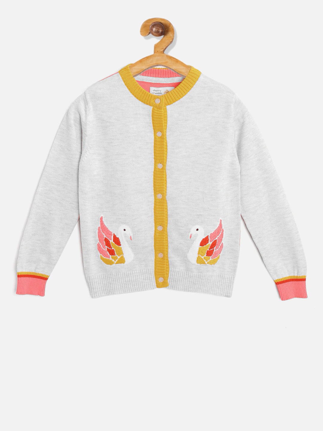 

Cherry Crumble Infant Girls Grey & Pink Solid Embroidered Cardigan, Grey melange