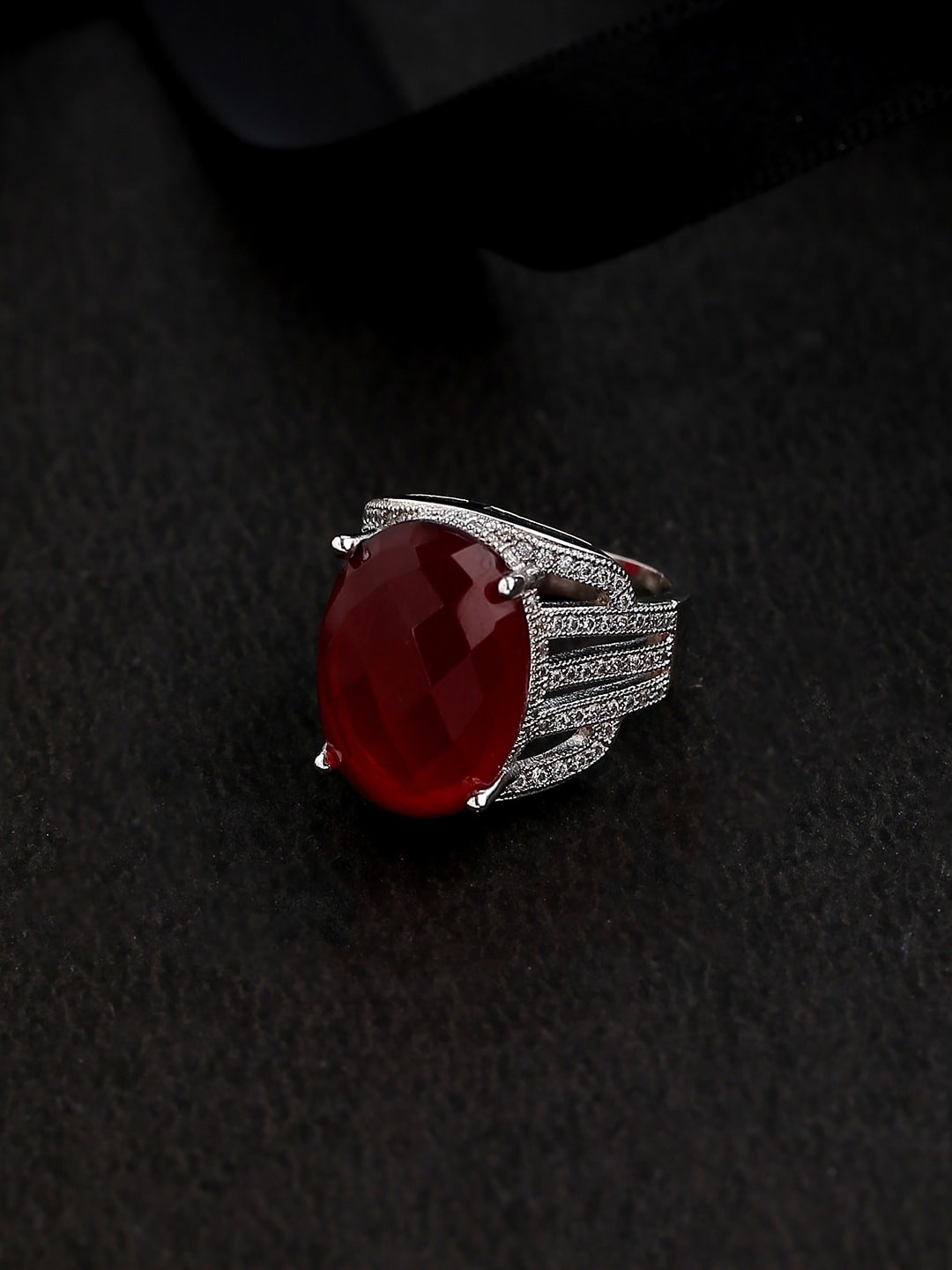 

Voylla Silver-Plated Red & White Gemstone & CZ-Studded Handcrafted Finger Ring