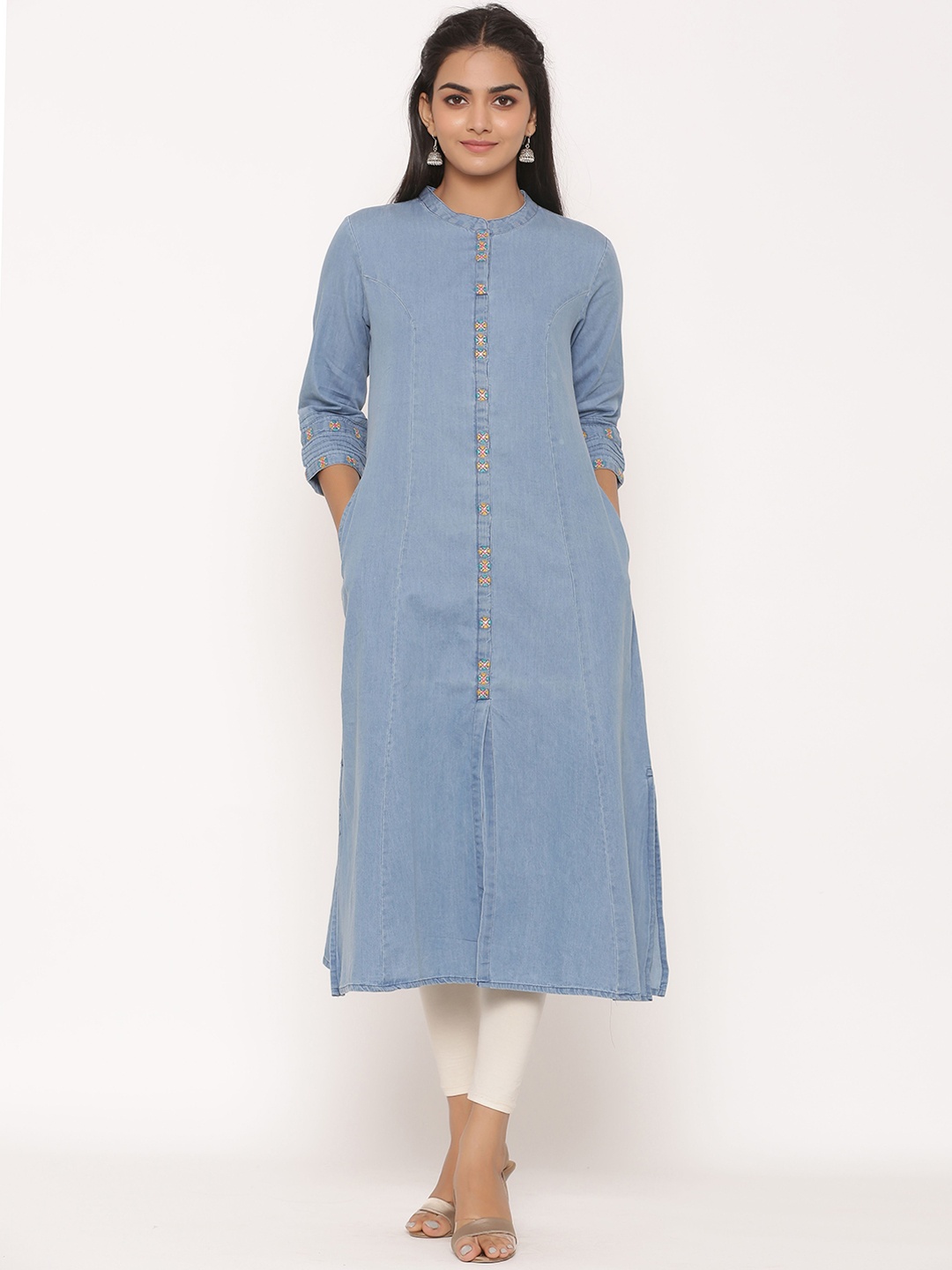 

fabGLOBAL Women Blue Embroidered A-Line Denim Kurta