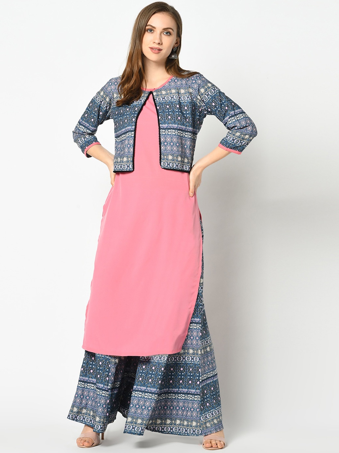 

Azira Women Pink & Blue Solid Kurta with Palazzos & Jacket