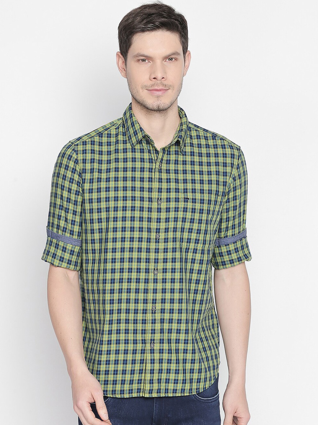 

Basics Men Green Slim Fit Checked Casual Shirt