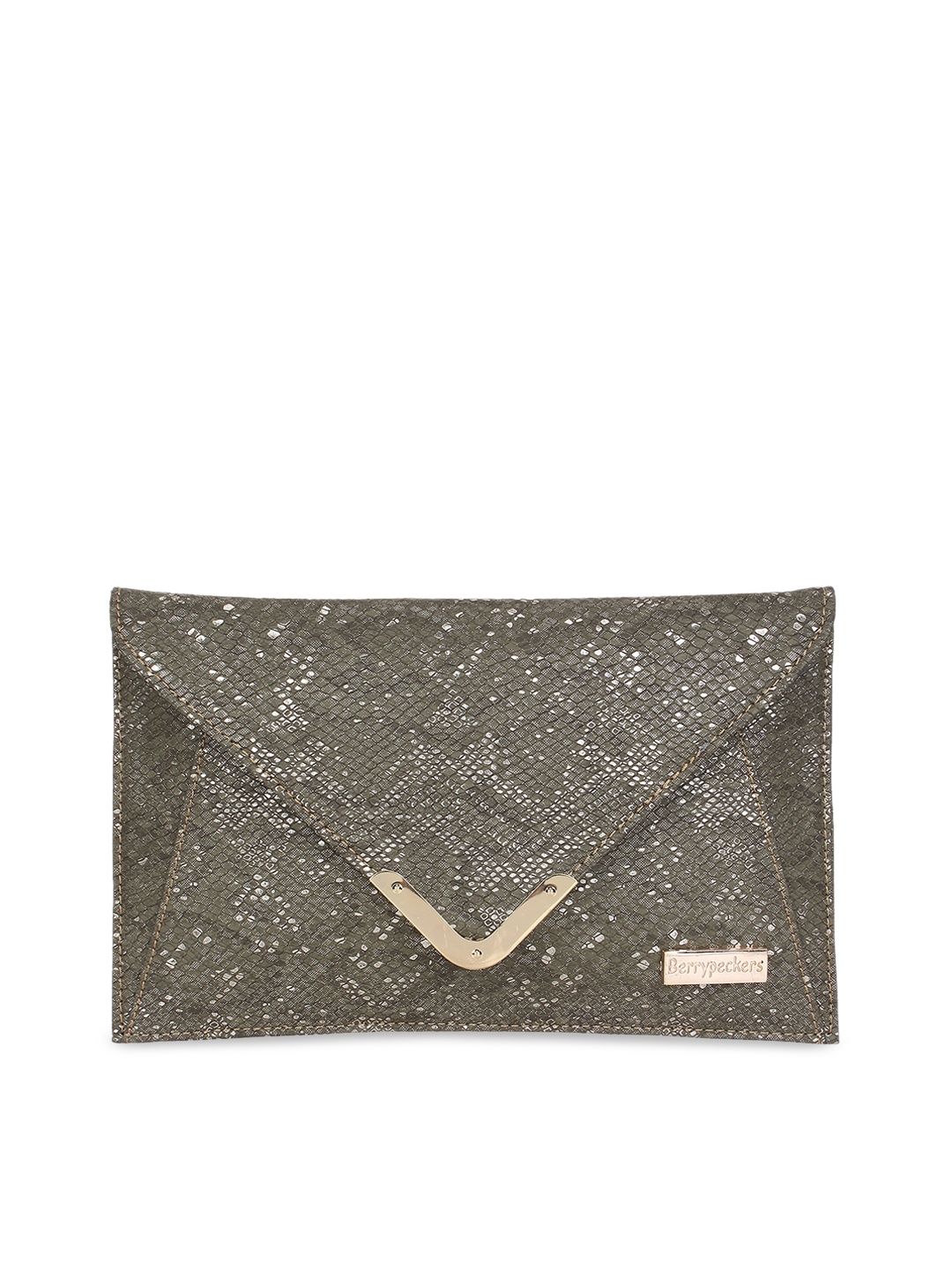 

Berrypeckers Women Olive Green Textured Envelope Clutch